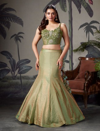Pista green silk reception lehenga choli