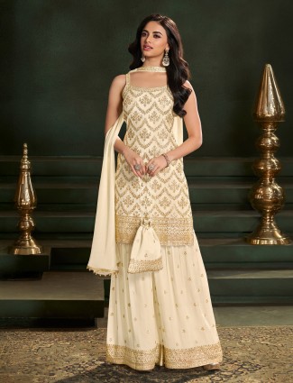 Cream georgette embellished sharara kurti set