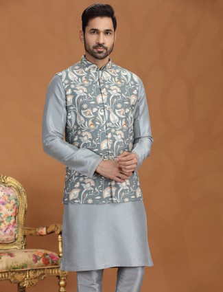 Grey silk printed waistcoat set with zari