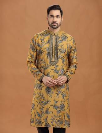 Mustard yellow viscose floral printed kurta suit