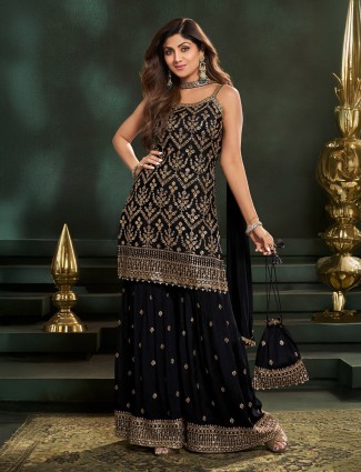 Black georgette embellished festive sharara set