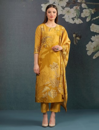 Dusty yellow embellished silk printed kurti set