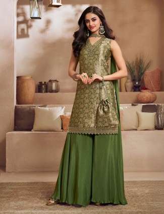 Green silk palazzo set with zari embellishments