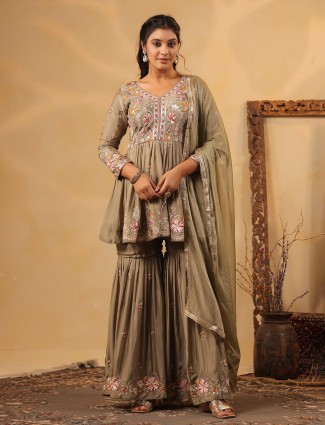 Grey crepe silk pakistani sharara kurti set