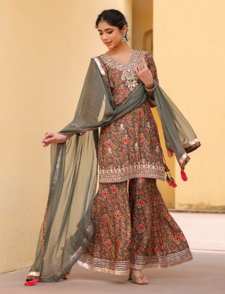 Grey silk floral palazzo kurti set