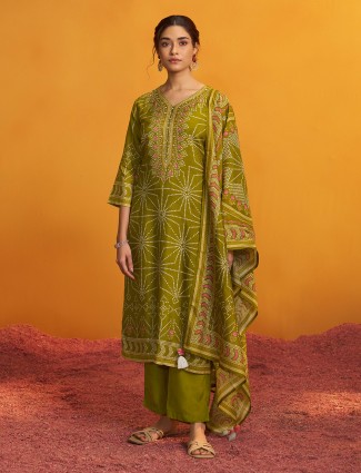 Mehendi green bandhej silk festive kurti set