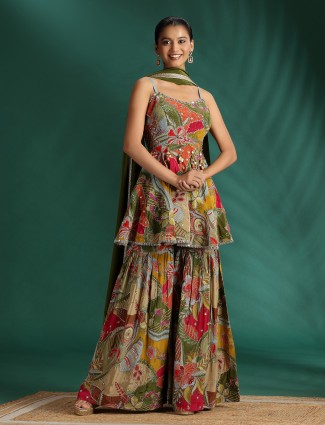 Mehendi green silk festive sharara set