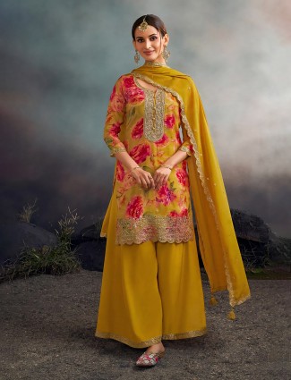 Mehendi yellow silk palazzo kurti set with dupatta