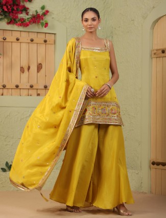 Mustard yellow silk palazzo kurti set for women