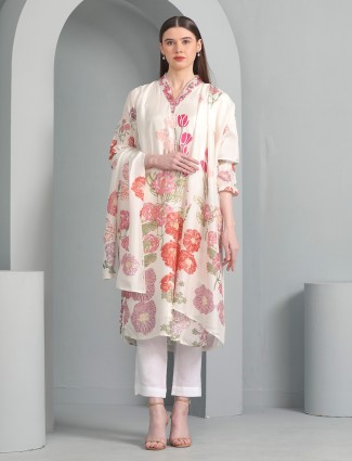 Off white floral printed silk kurti set