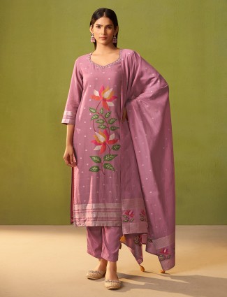 Onion pink silk kurti set with motifs