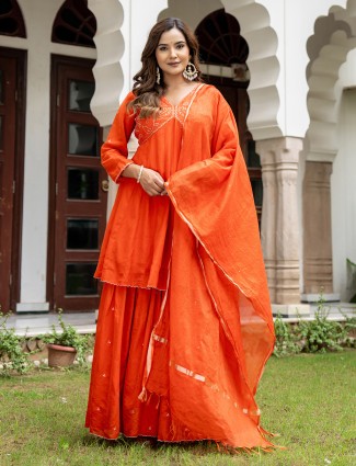 Orange cotton silk festive sharara ensemble