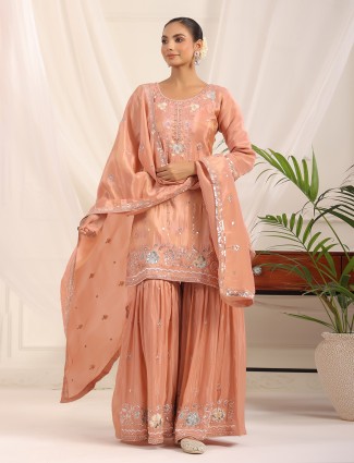 Peach crepe silk pakistani sharara outfit