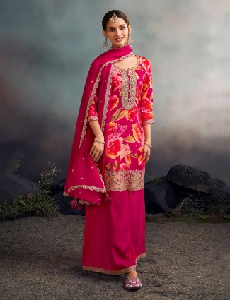 Pink silk festive floral palazzo kurti set