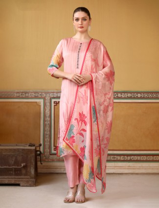 Pink silk printed festive kurti set with dupatta