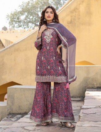 Purple silk floral palazzo kurti set