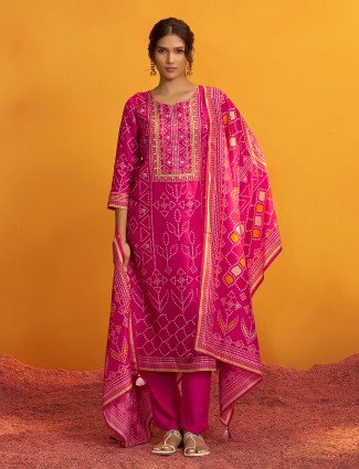Rani pink bandhej silk yoke kurti set