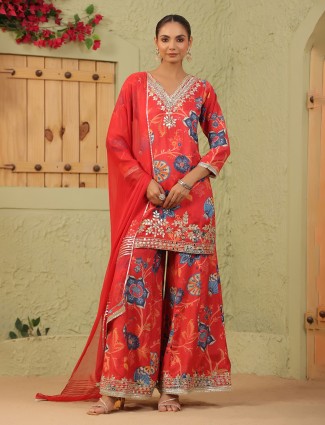 Red silk pakistani floral palazzo kurti set