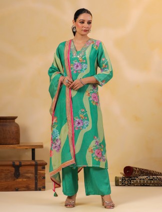 Sage green printed silk pant outfit