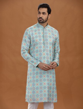 Sea green viscose kurta suit with embroidery weaving