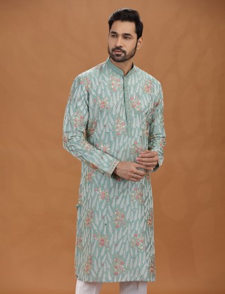 Sea green viscose kurta suit with floral embroidery work