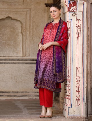 Shaded maroon purple silk printed kurti set
