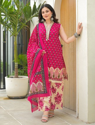 Deep rani silk sleeveless festive kurti set