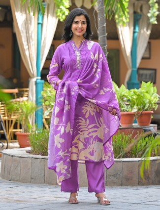 Light purple silk printed festive kurti set for women