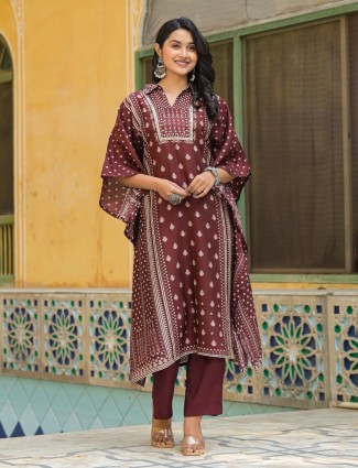 Maroon silk printed kurti with mirror work