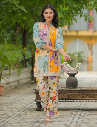 Multicolor floral cotton silk festive kurti set