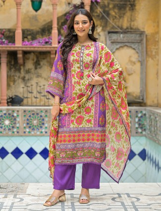 Purple silk printed kurti with dupatta