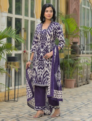 Purple silk printed kurti with sequins work