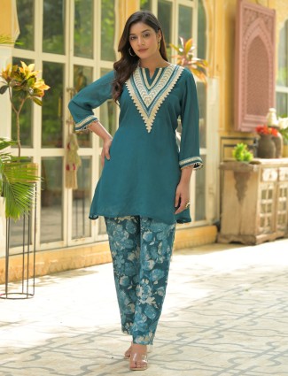 Rama green floral cotton silk kurti set for women