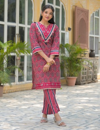 Rani pink cotton silk printed kurti set for women festive wear
