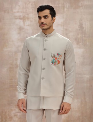 Beige terry rayon waistcoat set for men