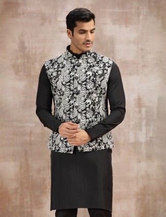 Black cotton silk waistcoat set for men wedding wear