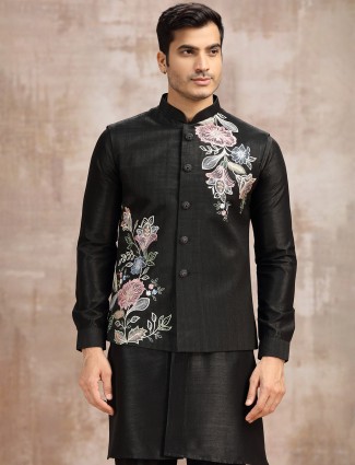 Black silk embroidered waistcoat set for men