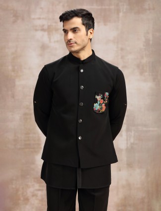 Black terry rayon waistcoat set for men