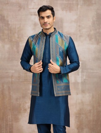 Blue printed silk waistcoat set for wedding wear