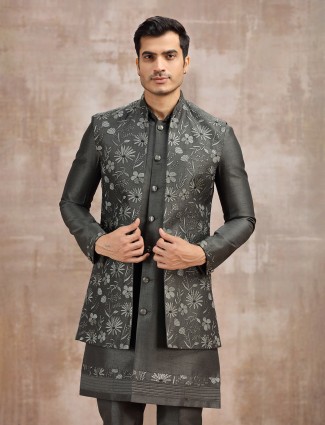 Charcoal grey silk embroidered waistcoat set