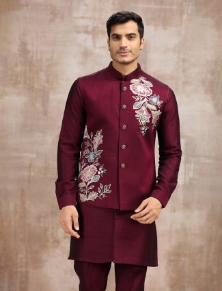 Maroon silk waistcoat set for wedding functions
