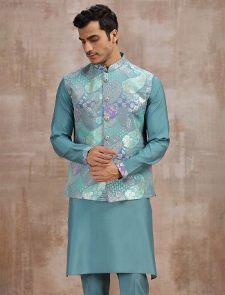 Pastel blue silk waistcoat with zari embellishment