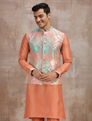 Peach printed silk waistcoat set for festivals