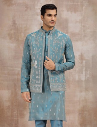 Peacock blue silk wedding waistcoat set