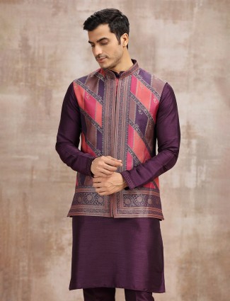 Purple printed silk waistcoat set for weddings