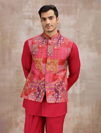 Red printed silk waistcoat set for men