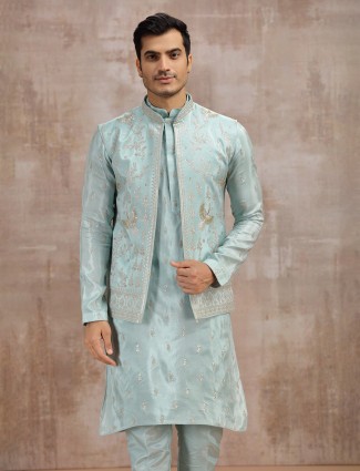 Sky blue silk waistcoat with sequins detail