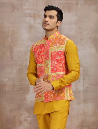 Yellow printed silk waistcoat set for haldi