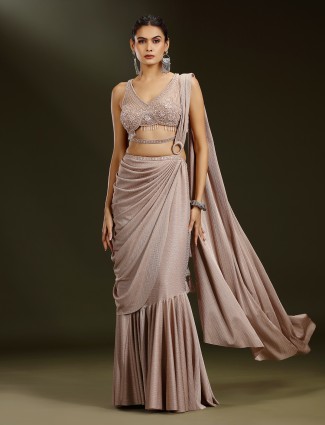 Beige satin lycra v neck lehenga choli