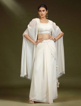 Cream chiffon lehenga choli with shrug